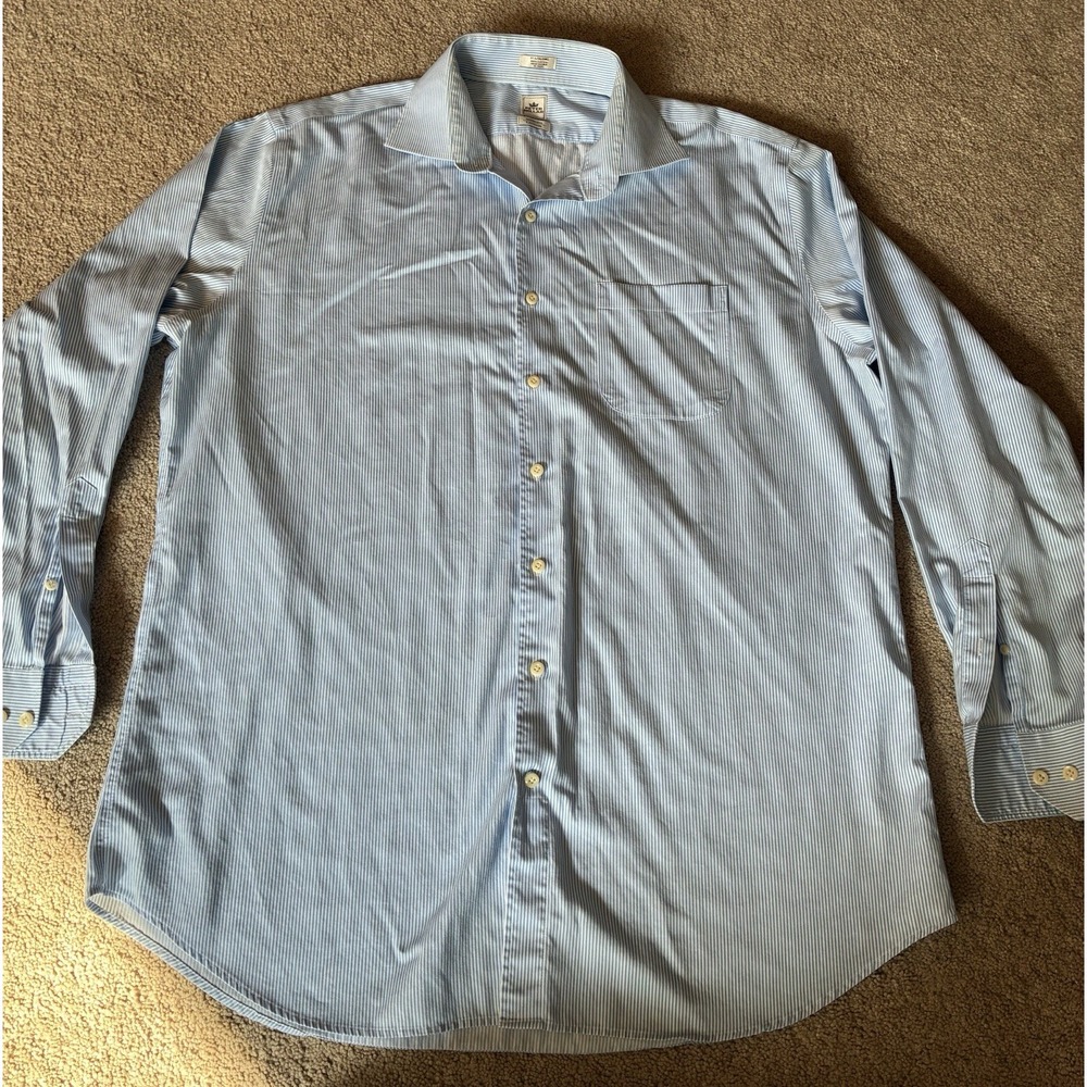 Peter Millar Men 17.5 XL Long Dress Shirt White Blue Pin Striped Spread Collar